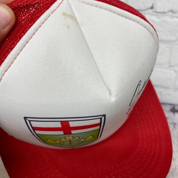 Vintage Hat Cap Snapback Red White Ontario Canada Trucker Mesh Shield Taiwan - Picture 9 of 11